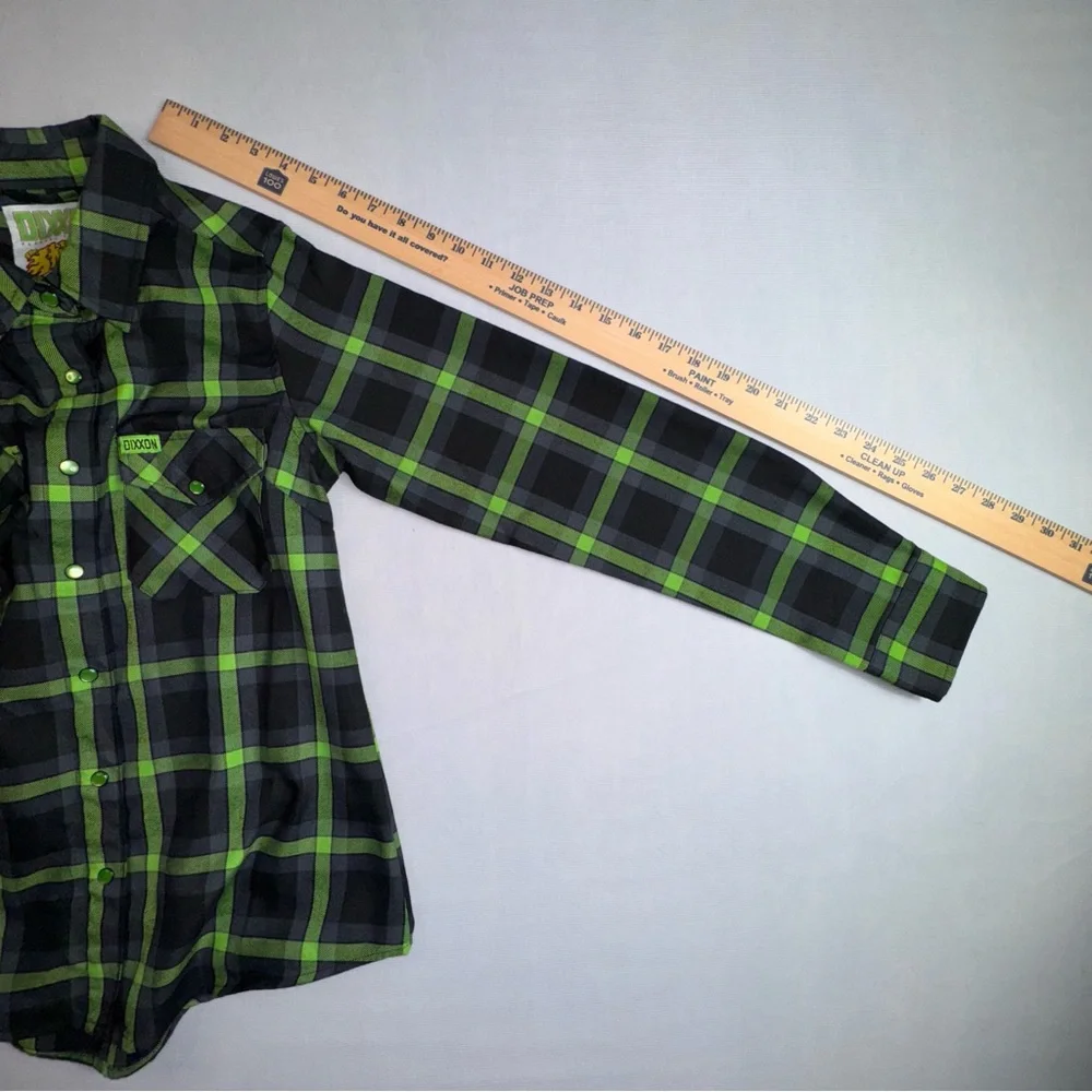 Dixxon Flannel Co Plaid Shirt Women Small Green Black Pearl Snap The Shifter - Picture 13 of 13